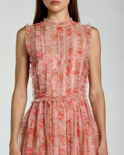 Mac Duggal Pink Floral Print Ruffle Maxi Dress