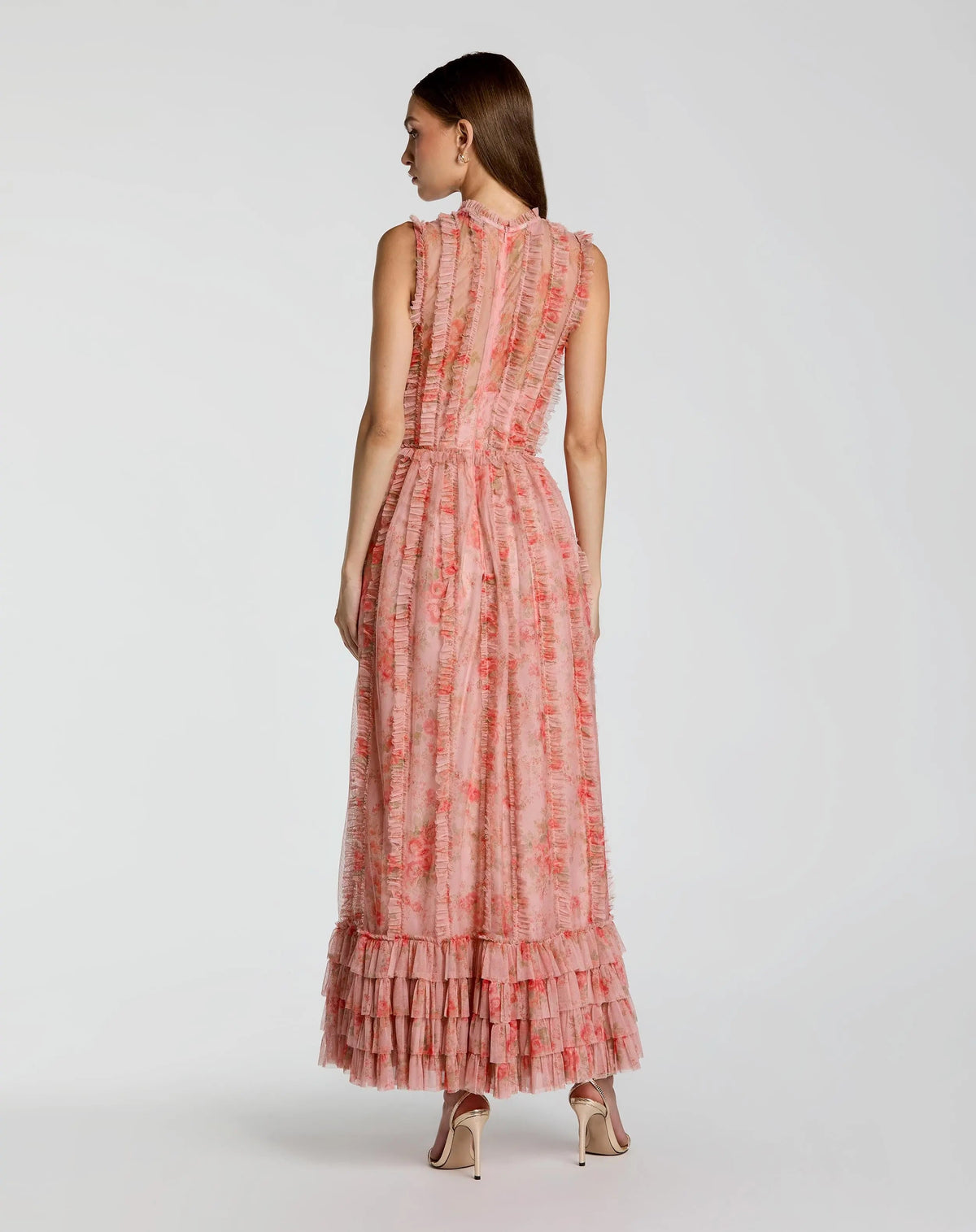 Mac Duggal Pink Floral Print Ruffle Maxi Dress