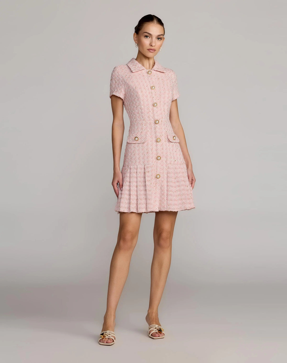 Mac Duggal Pink Boucle Button Front Mini Dress