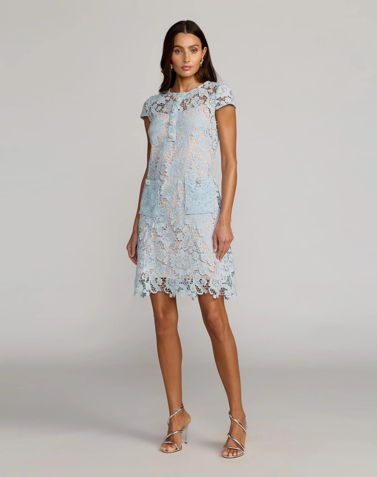 Mac Duggal Blue Lace Button Front Mini Dress