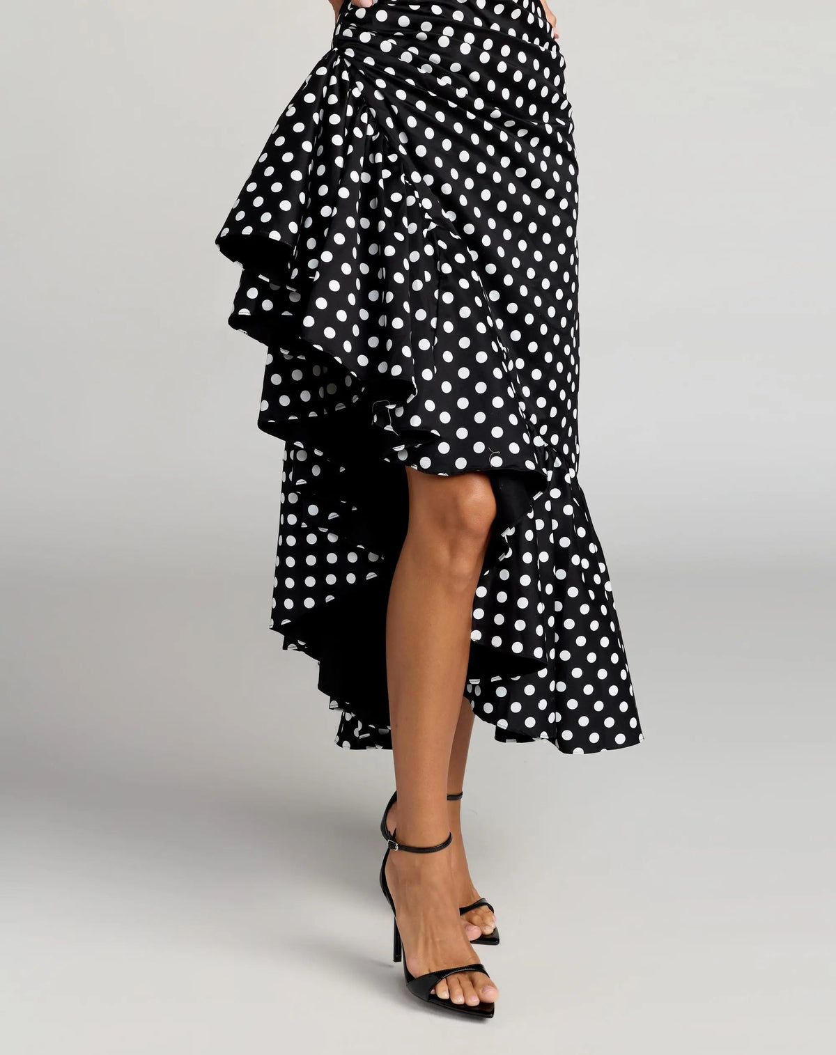 Mac Duggal Black Sleeveless Polka Dot Midi Dress With Ruffled Hem