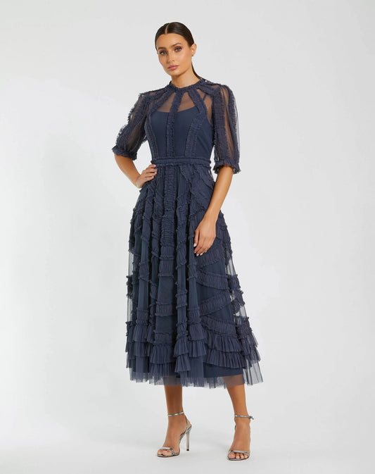 Mac Duggal Petite Navy High Neck Ruffle Tiered A-Line Midi Dress