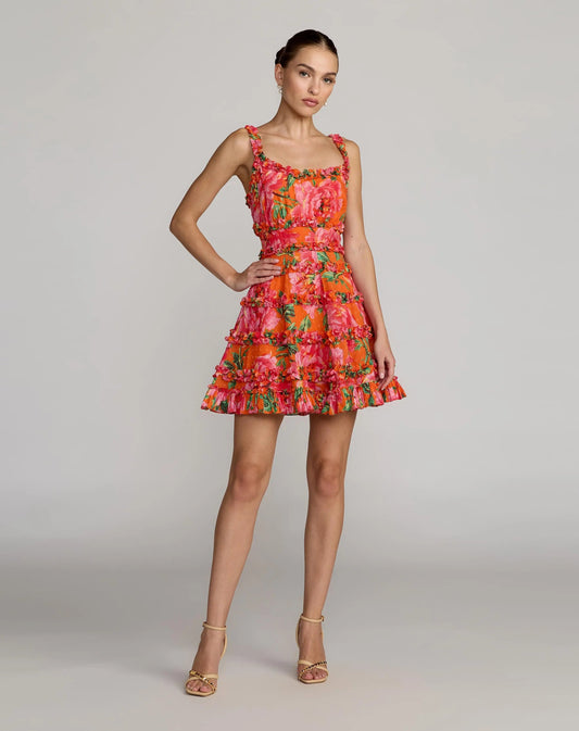 Mac Duggal Orange Floral Square Neck Ruffled Cotton Mini Dress