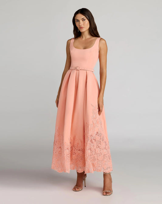 Mac Duggal Peach Lace Hem Belted Midi Dress