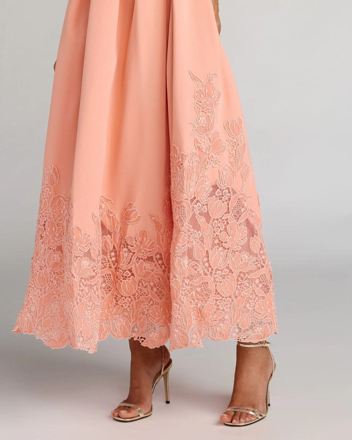 Mac Duggal Peach Lace Hem Belted Midi Dress