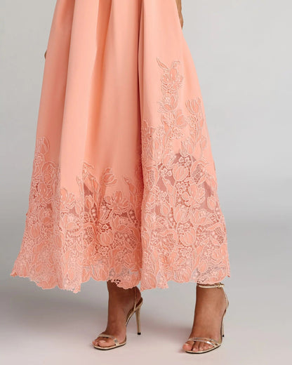 Mac Duggal Peach Lace Hem Belted Midi Dress
