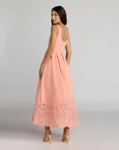 Mac Duggal Peach Lace Hem Belted Midi Dress