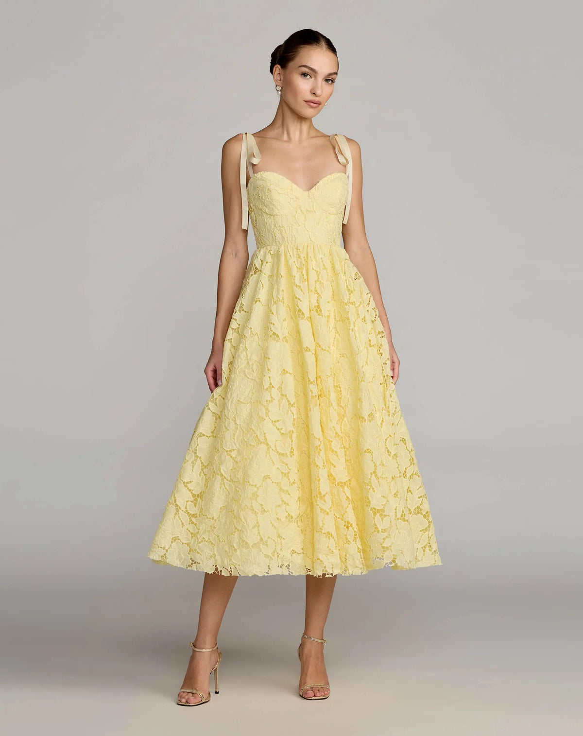 Mac Duggal Yellow Lace Bow Strap Midi Dress
