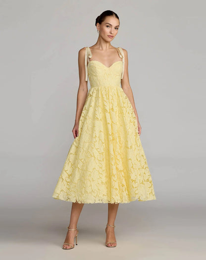 Mac Duggal Yellow Lace Bow Strap Midi Dress