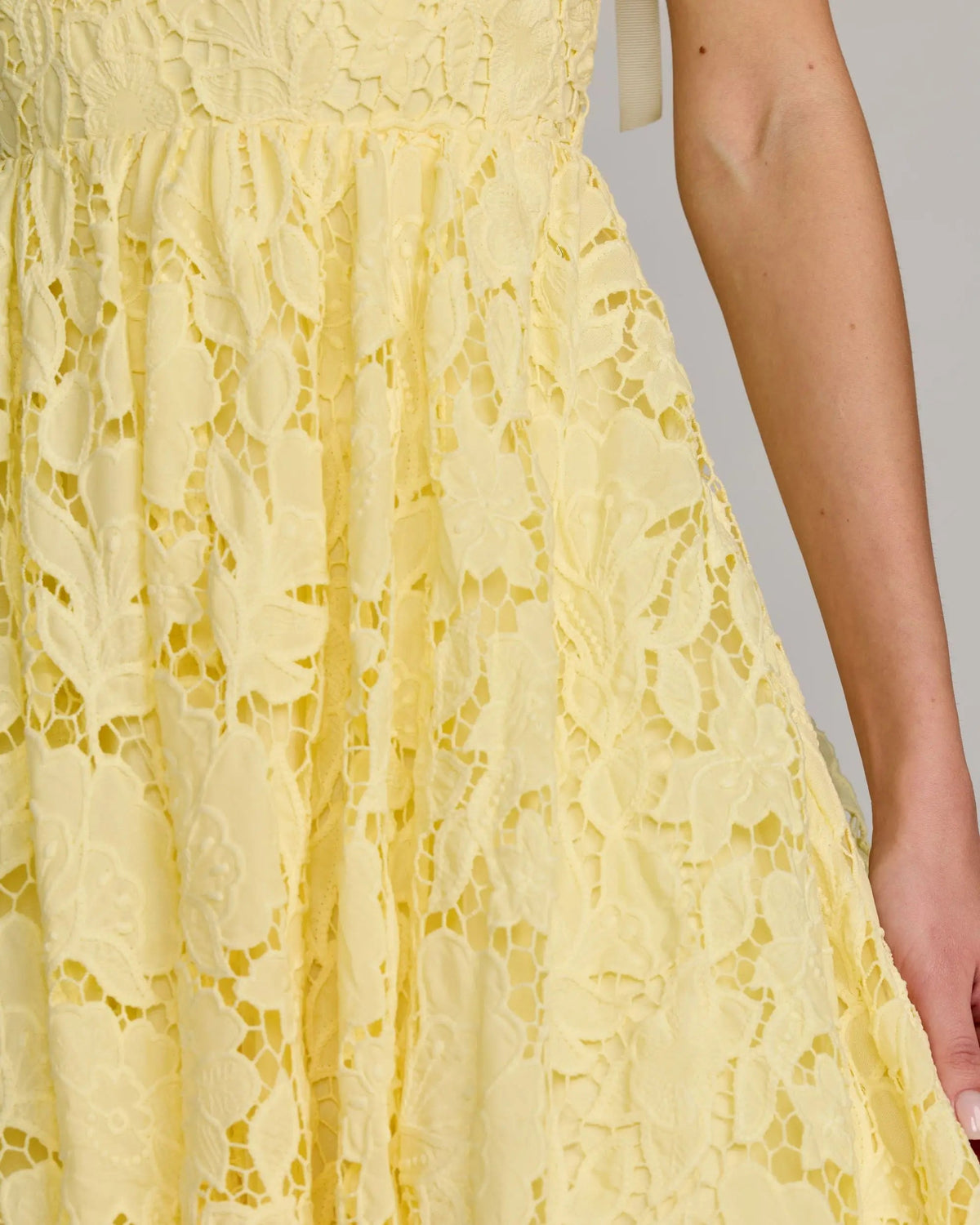 Mac Duggal Yellow Lace Bow Strap Midi Dress