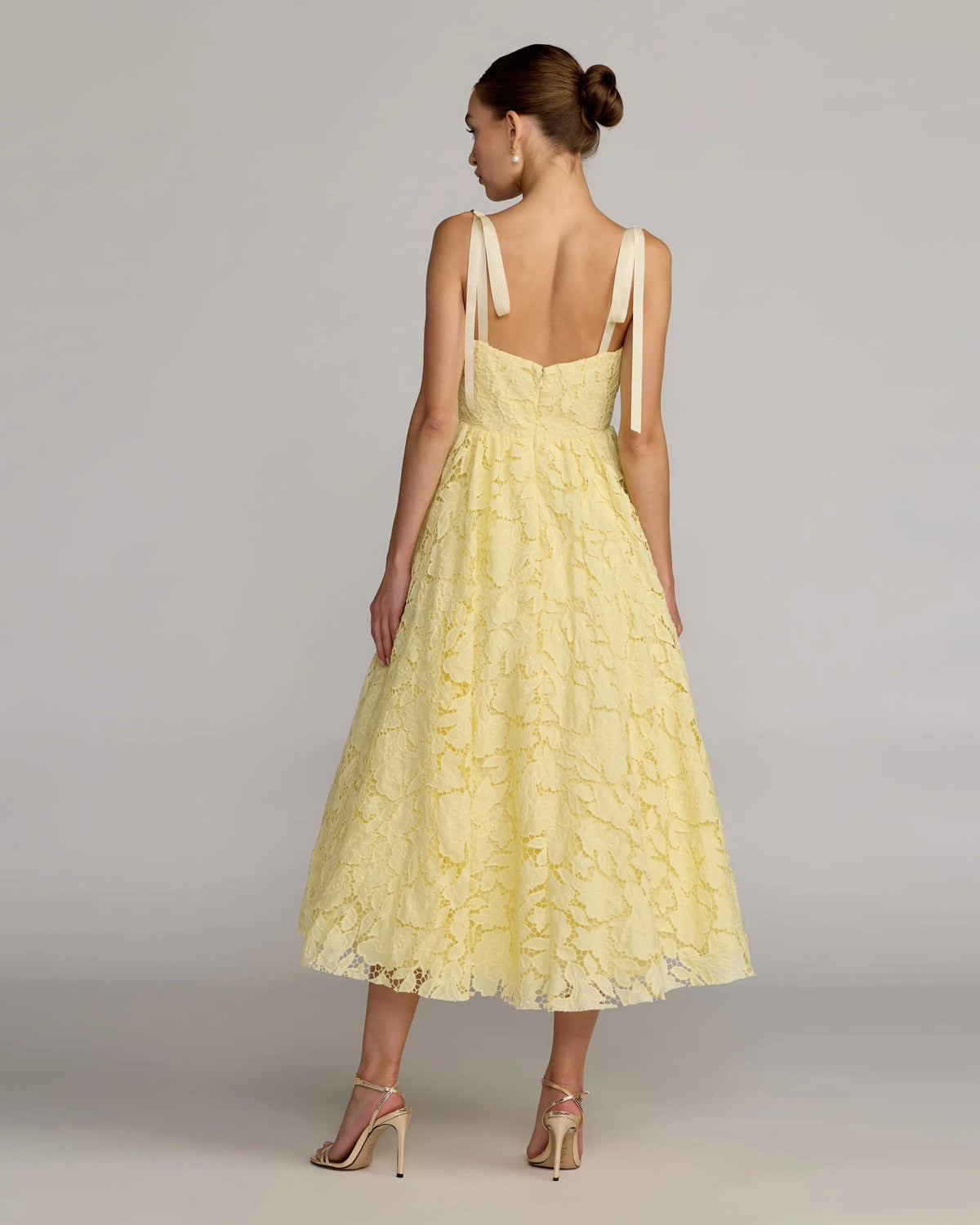 Mac Duggal Yellow Lace Bow Strap Midi Dress