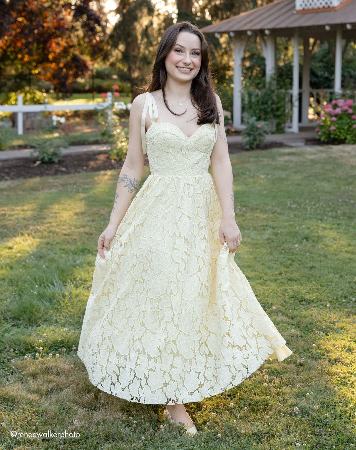 Mac Duggal Yellow Lace Bow Strap Midi Dress