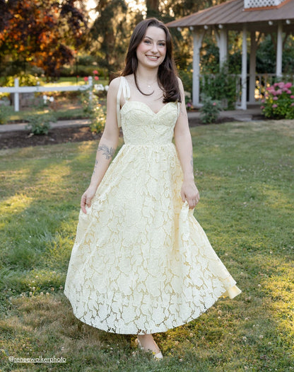 Mac Duggal Yellow Lace Bow Strap Midi Dress