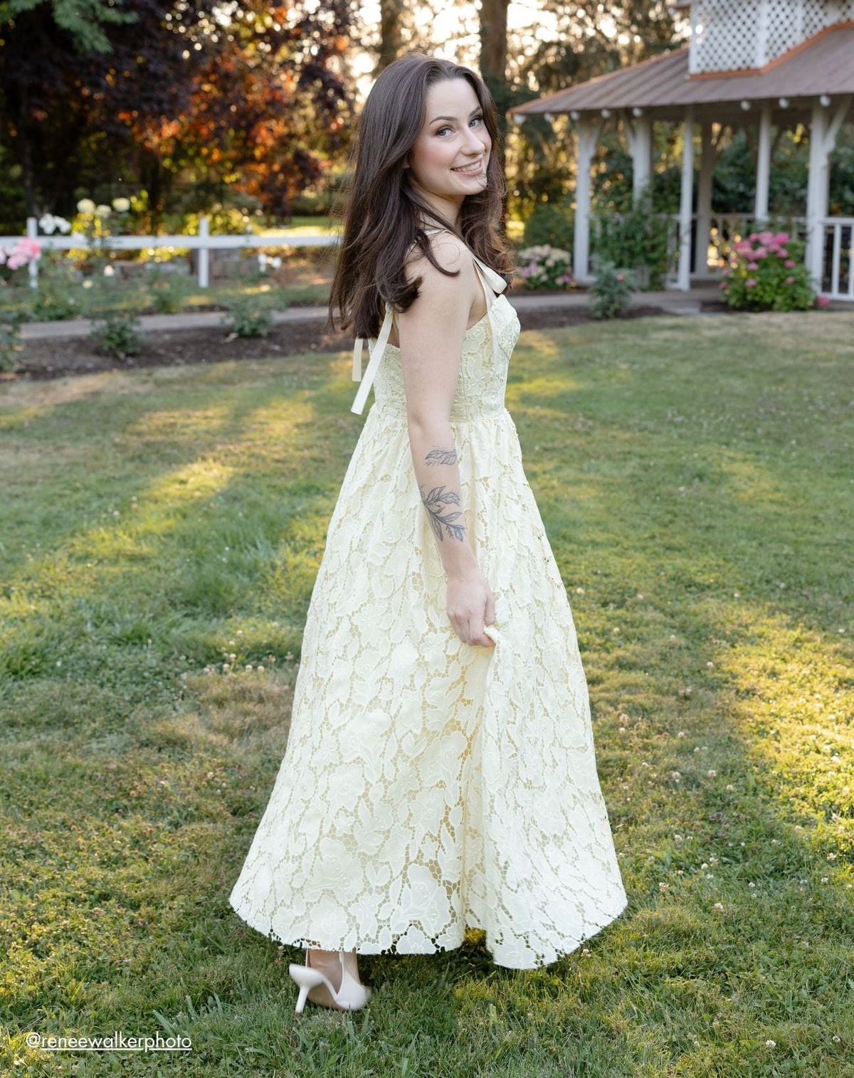 Mac Duggal Yellow Lace Bow Strap Midi Dress