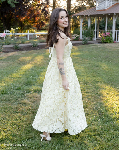 Mac Duggal Yellow Lace Bow Strap Midi Dress