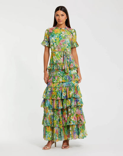 Mac Duggal Petite Green Ruffle Tiered Chiffon Floral Dress