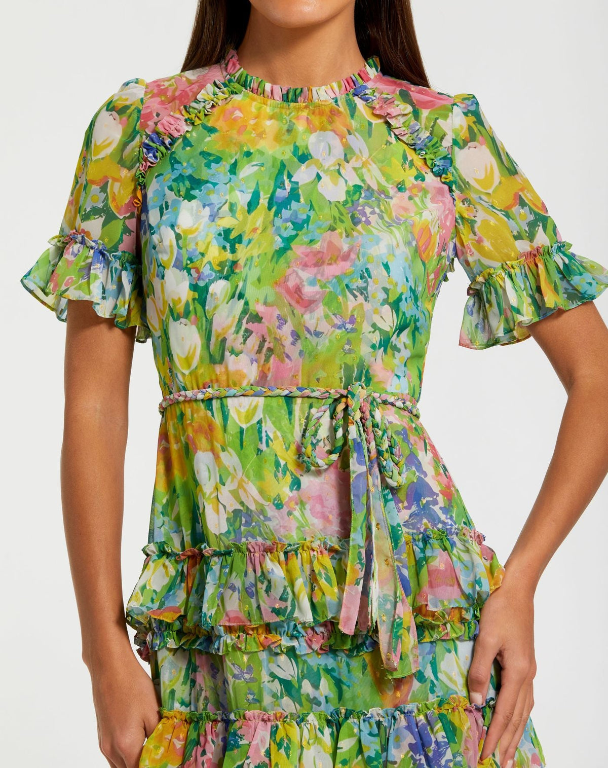Mac Duggal Petite Green Ruffle Tiered Chiffon Floral Dress