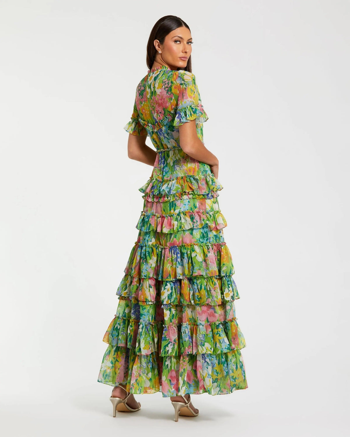 Mac Duggal Petite Green Ruffle Tiered Chiffon Floral Dress
