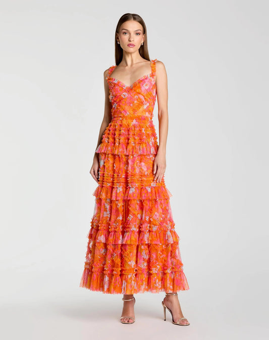 Mac Duggal Orange Sleeveless Floral Ruffle A-Line Maxi Dress