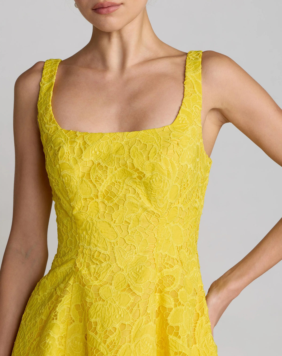 Mac Duggal Yellow Lace Square Neck A-Line Midi Dress