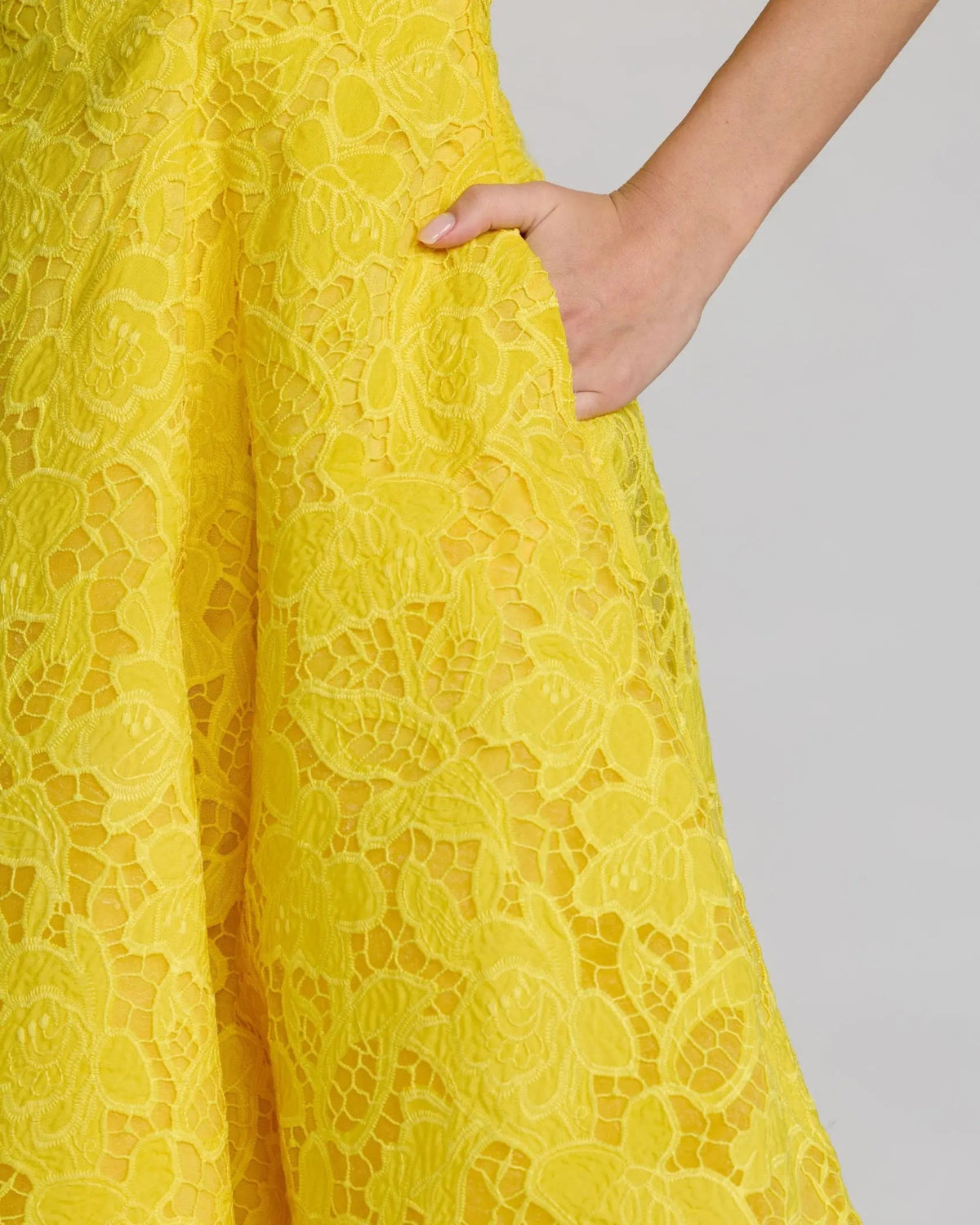 Mac Duggal Yellow Lace Square Neck A-Line Midi Dress