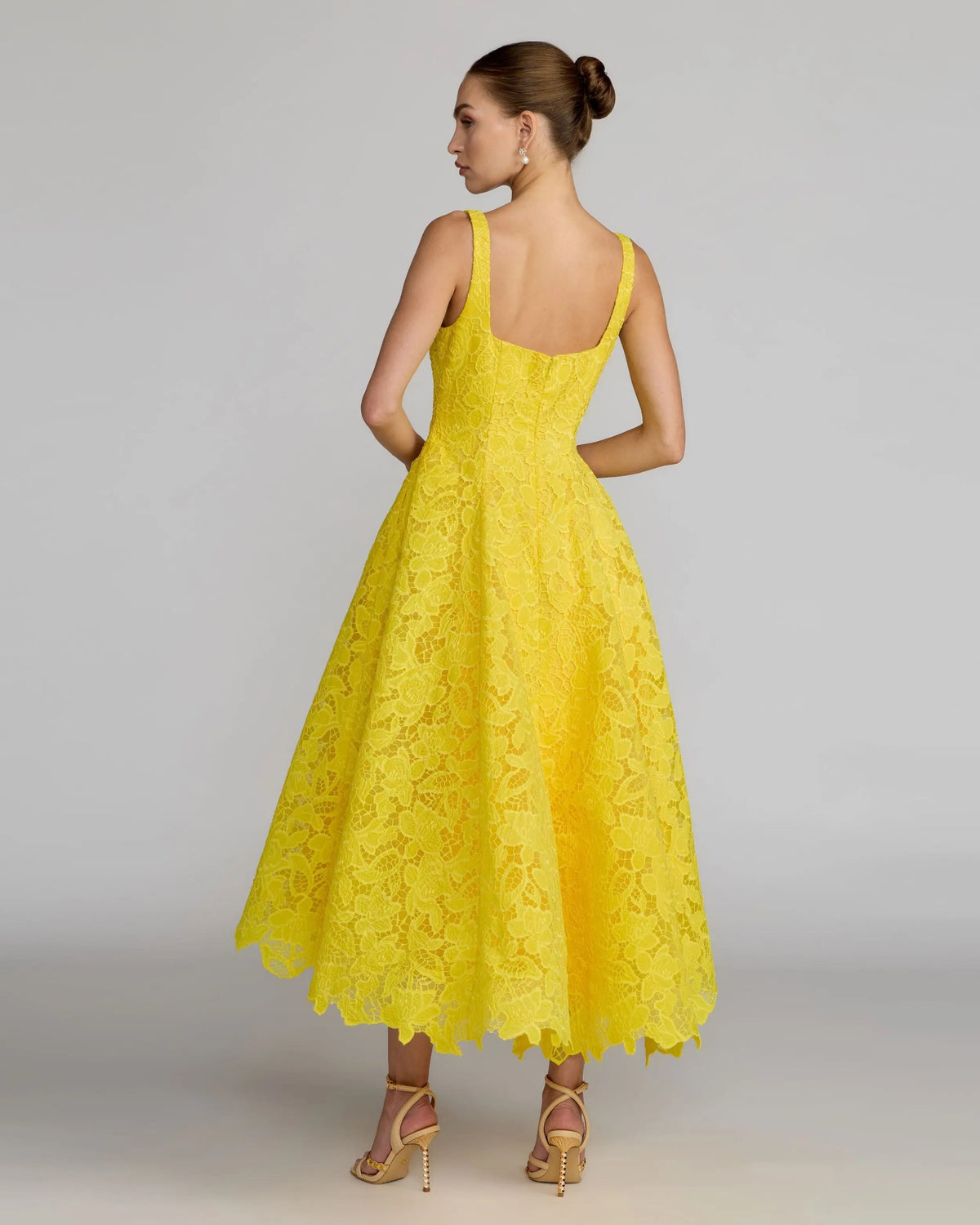 Mac Duggal Yellow Lace Square Neck A-Line Midi Dress