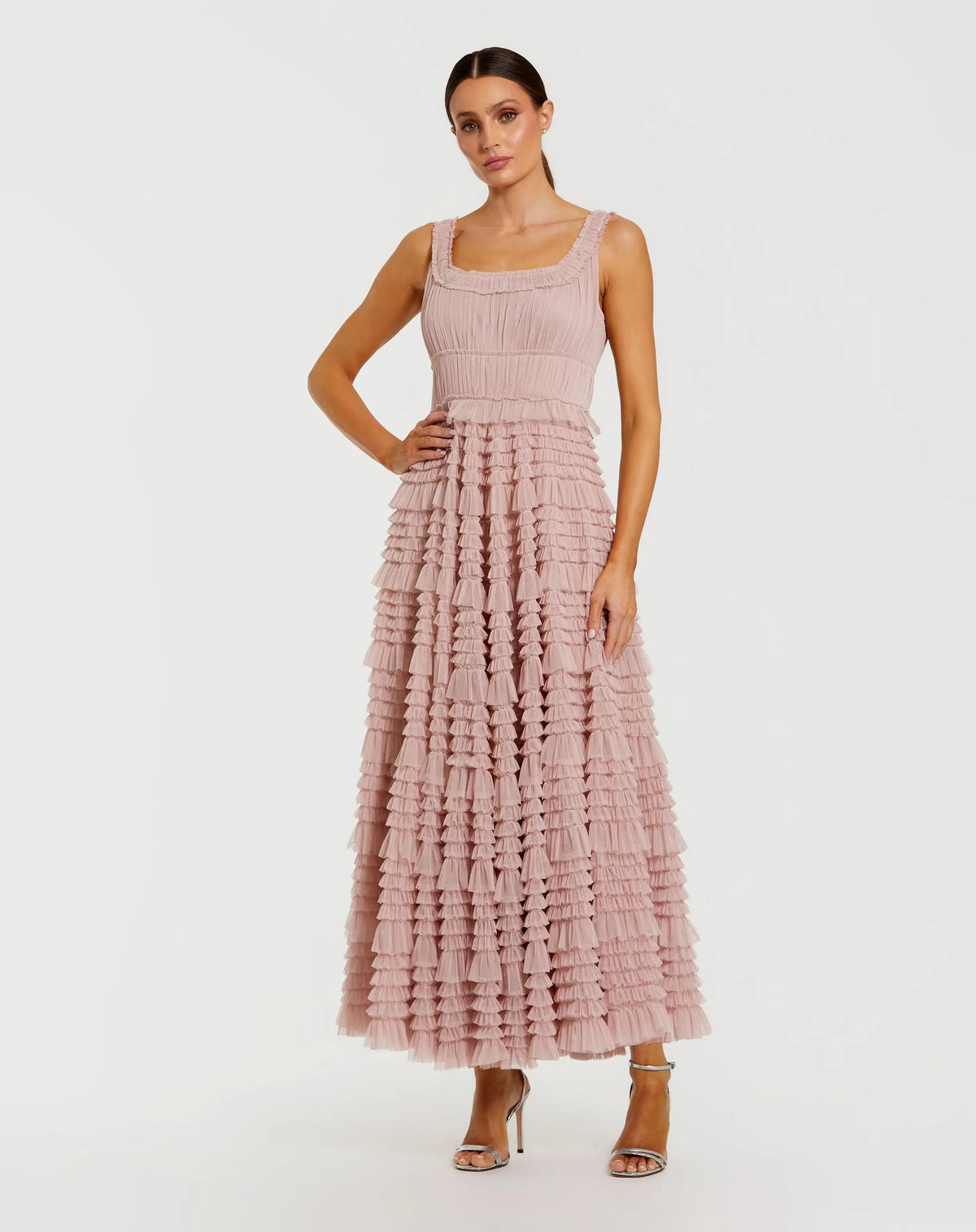 Mac Duggal Pink Micro Ruffle Sleeveless Scoop Neck Maxi Dress