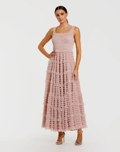 Mac Duggal Pink Micro Ruffle Sleeveless Scoop Neck Maxi Dress