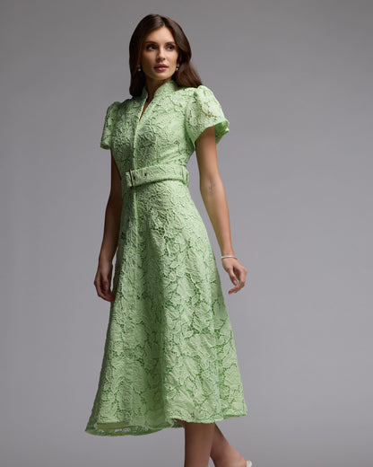 Mac Duggal Green Embroidered Lace Belted Midi Dress