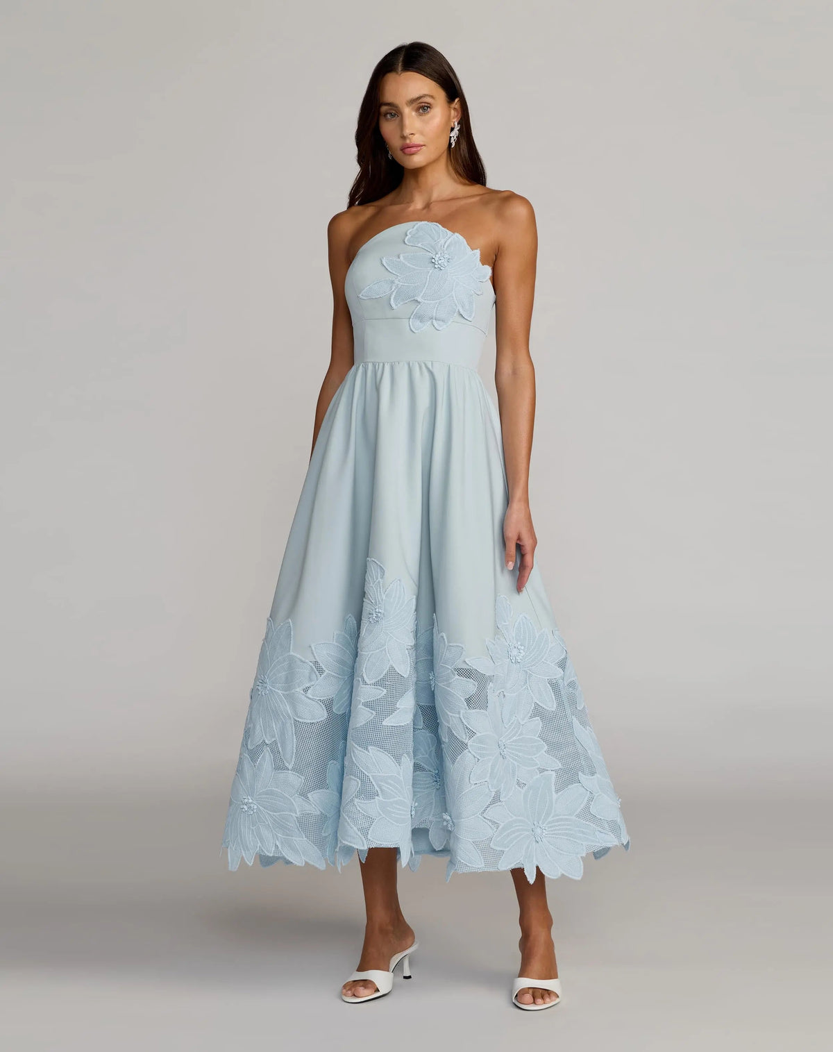 Mac Duggal Blue Strapless Floral Appliqué Midi Dress