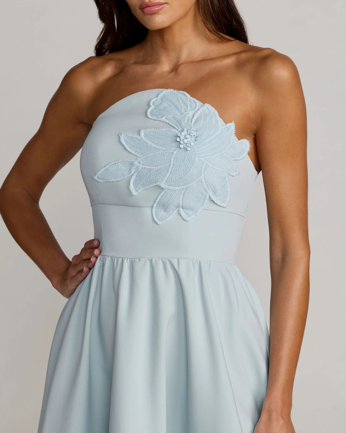 Mac Duggal Blue Strapless Floral Appliqué Midi Dress