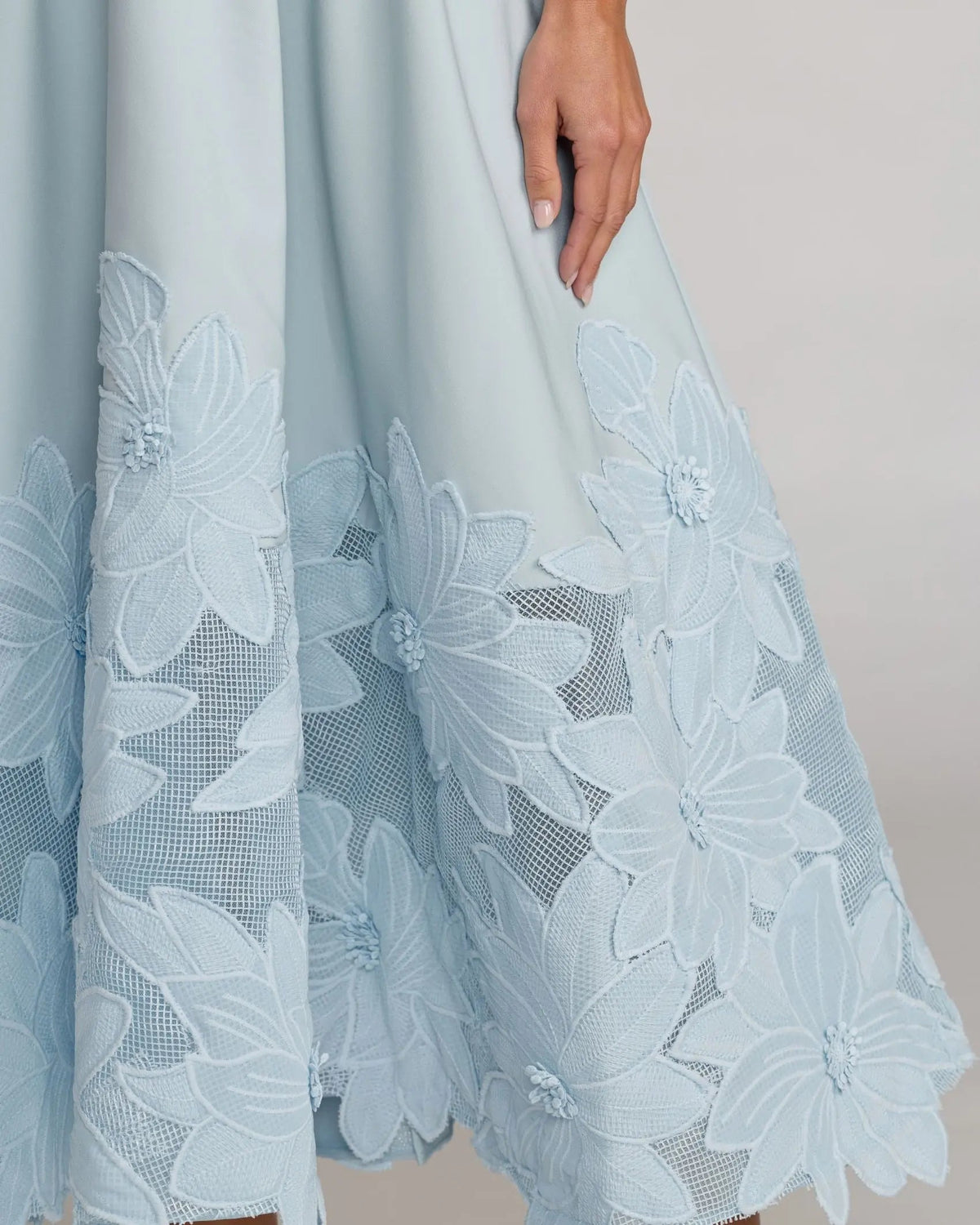 Mac Duggal Blue Strapless Floral Appliqué Midi Dress