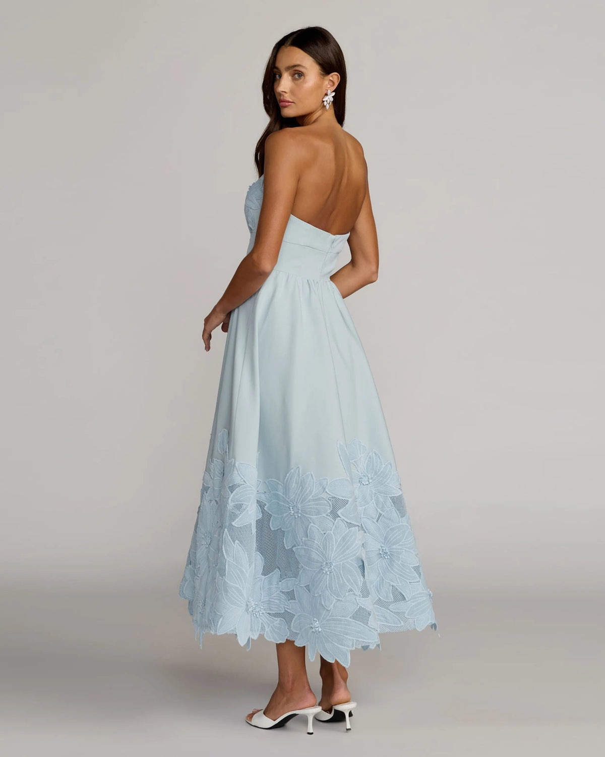 Mac Duggal Blue Strapless Floral Appliqué Midi Dress