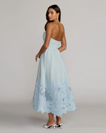Mac Duggal Blue Strapless Floral Appliqué Midi Dress