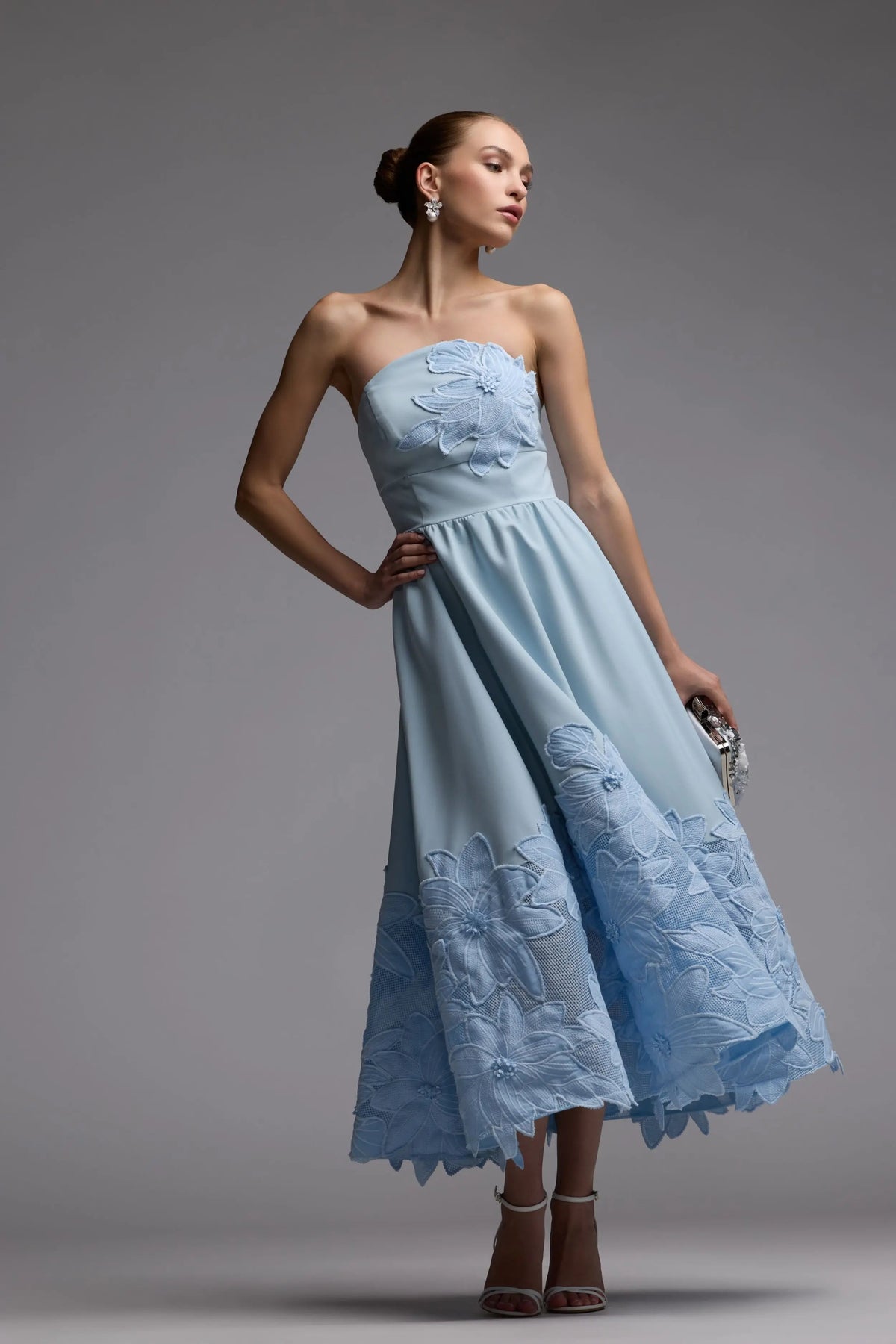 Mac Duggal Blue Strapless Floral Appliqué Midi Dress