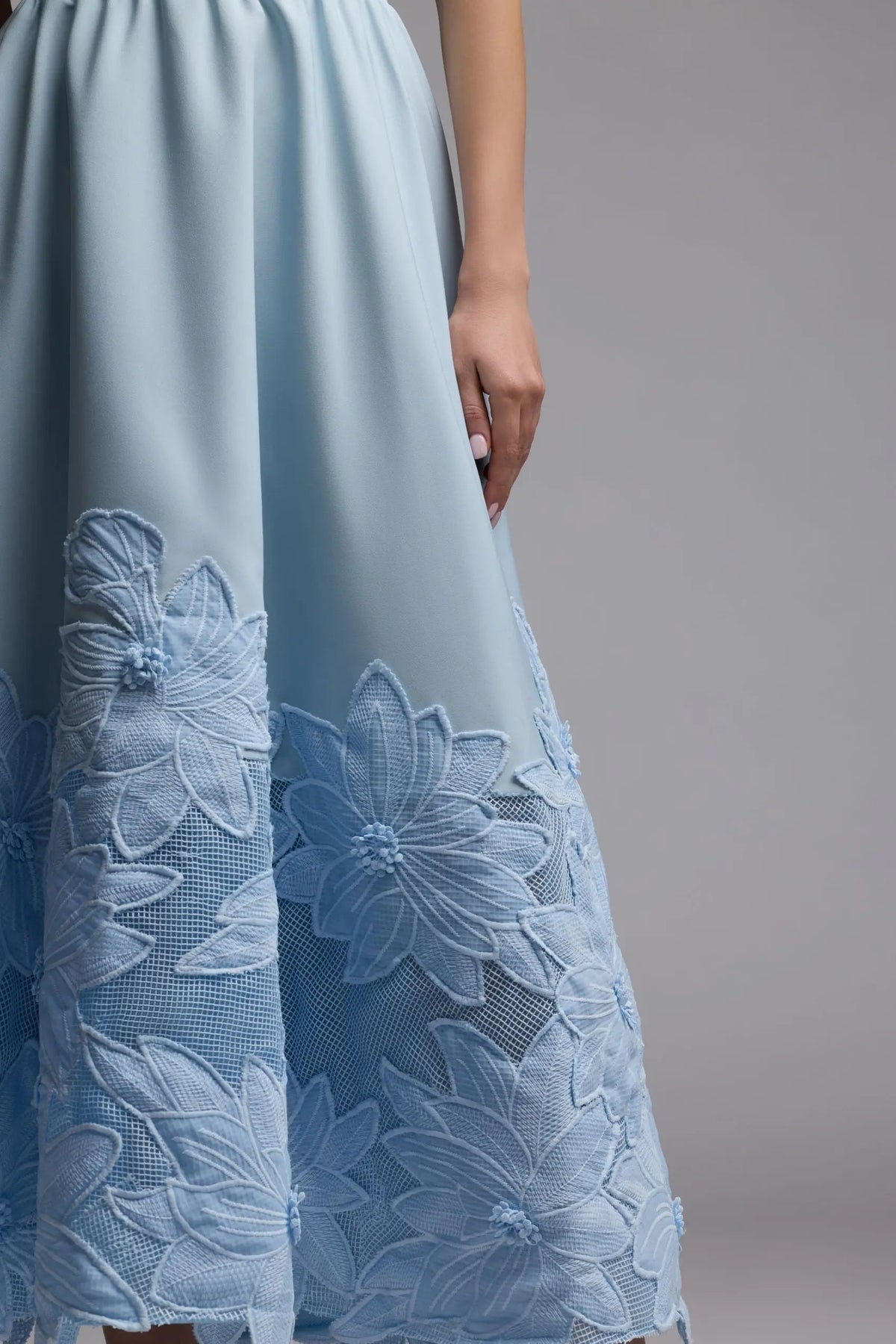 Mac Duggal Blue Strapless Floral Appliqué Midi Dress