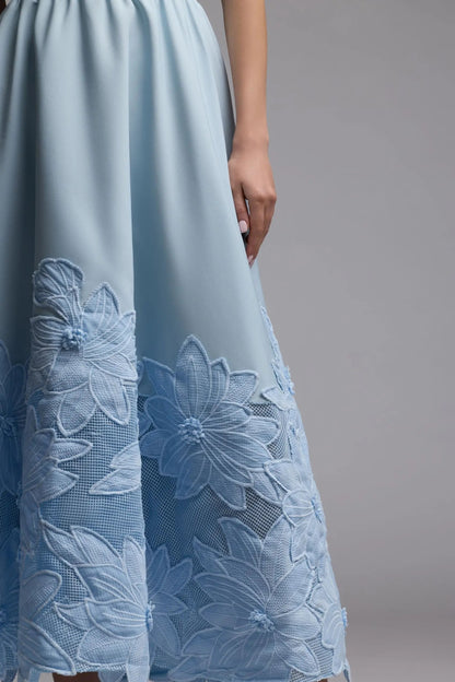 Mac Duggal Blue Strapless Floral Appliqué Midi Dress