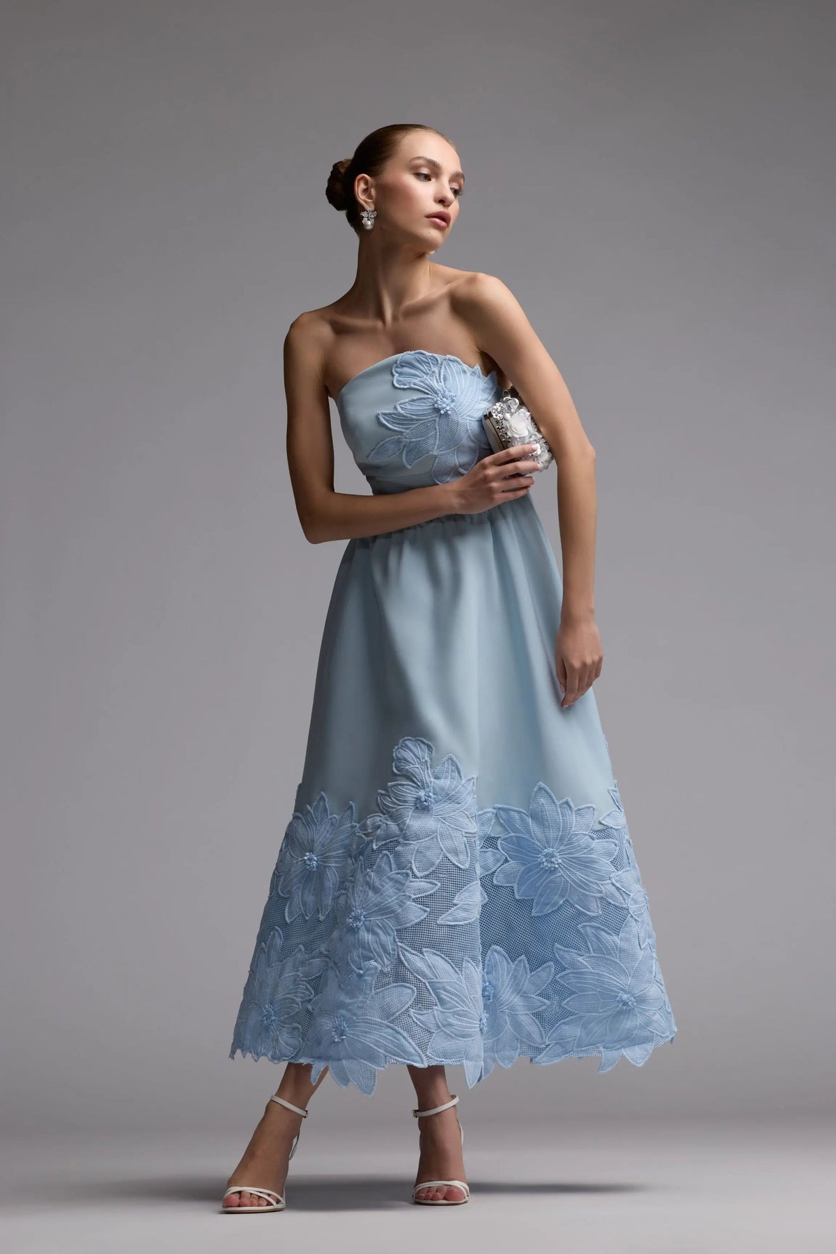 Mac Duggal Blue Strapless Floral Appliqué Midi Dress