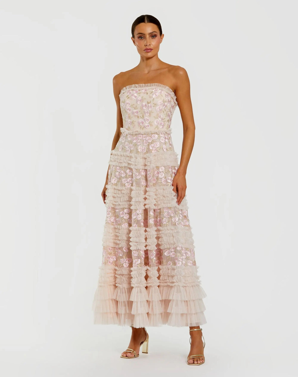 Mac Duggal Pink Floral Embroidered Strapless Ruffle Maxi Dress