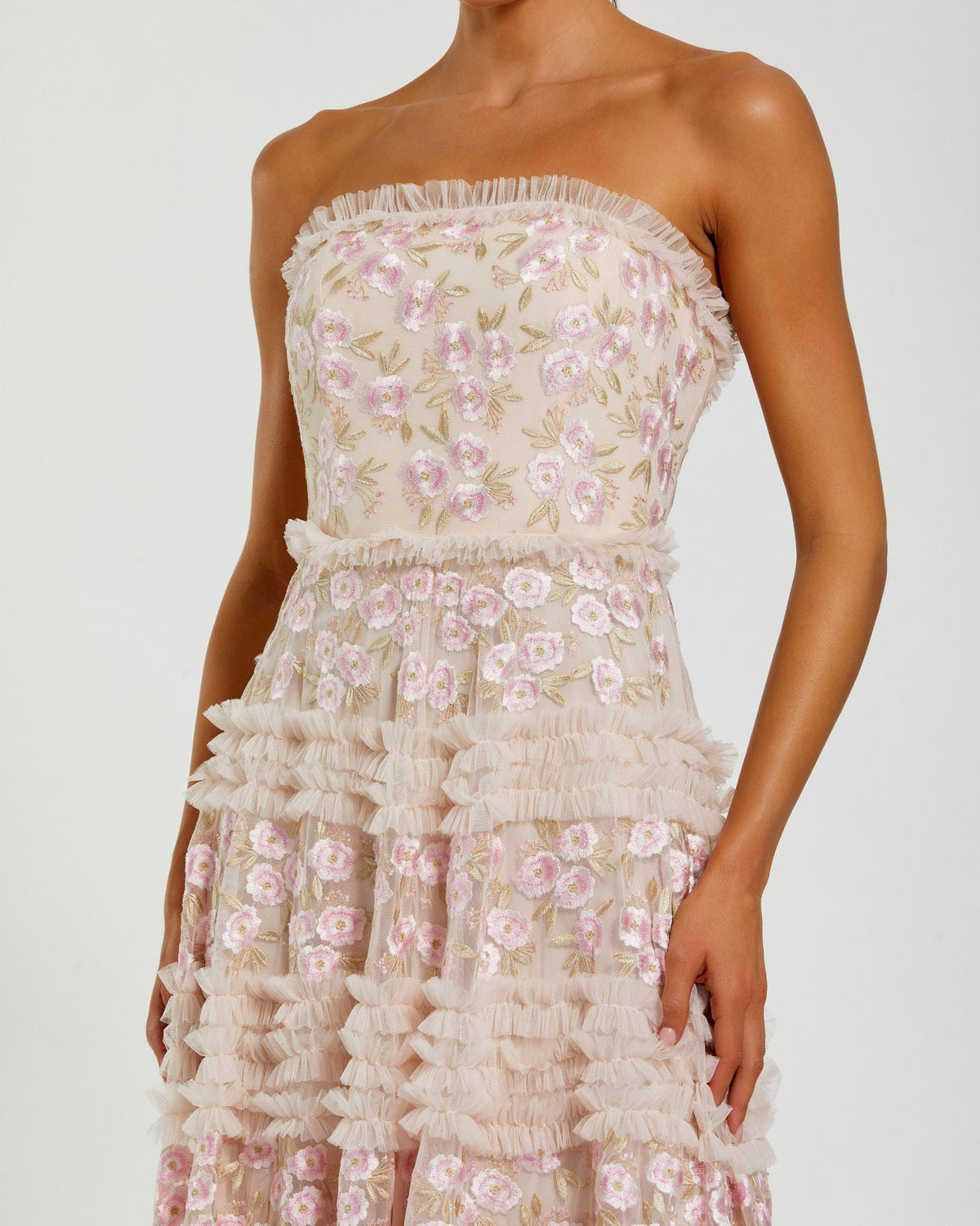 Mac Duggal Pink Floral Embroidered Strapless Ruffle Maxi Dress