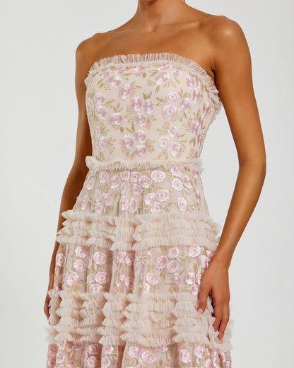 Mac Duggal Pink Floral Embroidered Strapless Ruffle Maxi Dress