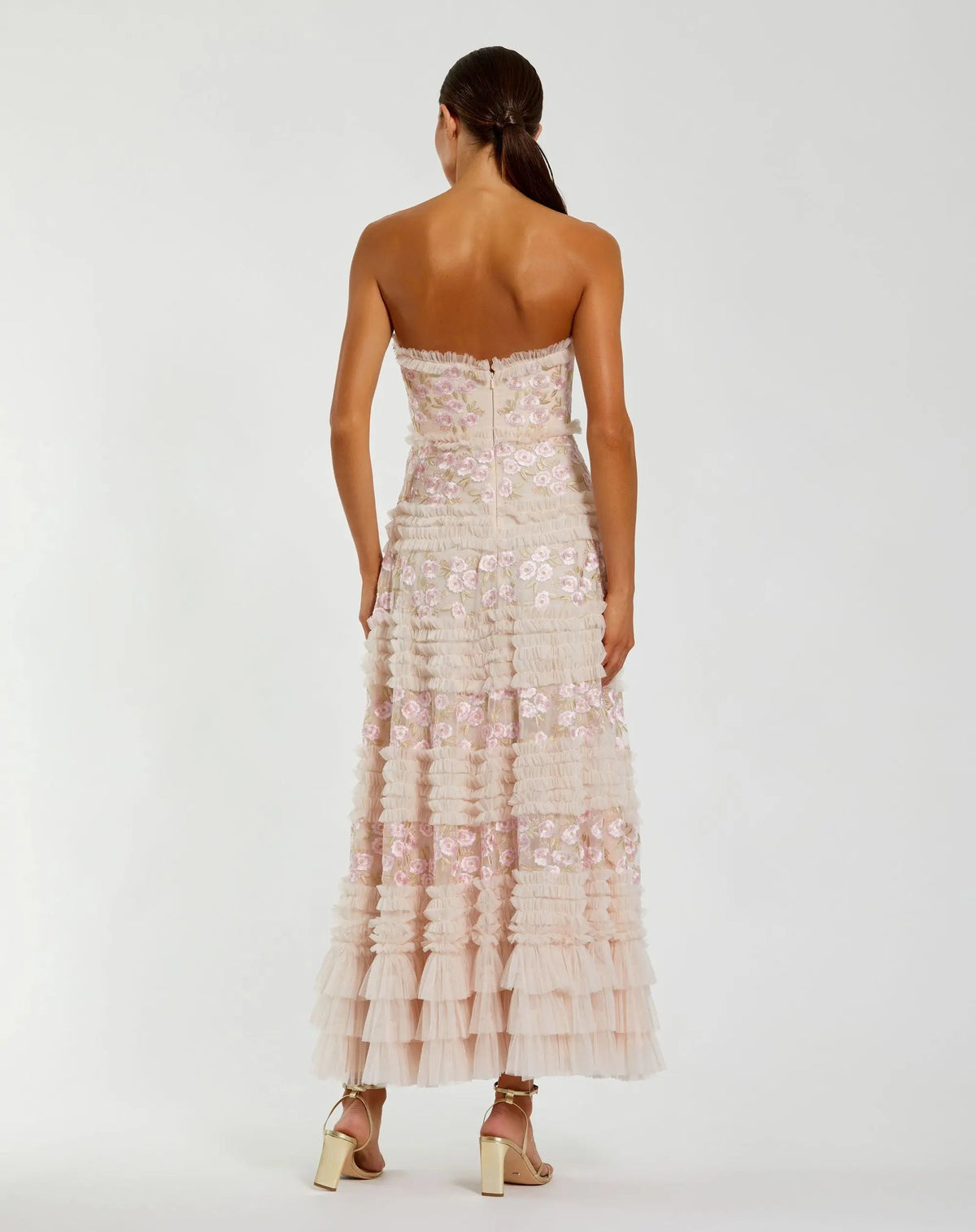 Mac Duggal Pink Floral Embroidered Strapless Ruffle Maxi Dress