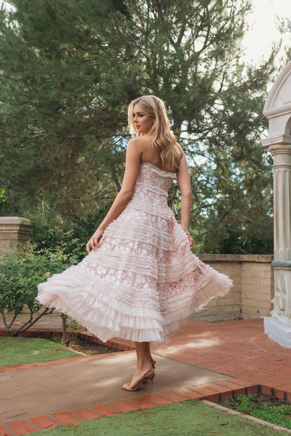 Mac Duggal Pink Floral Embroidered Strapless Ruffle Maxi Dress