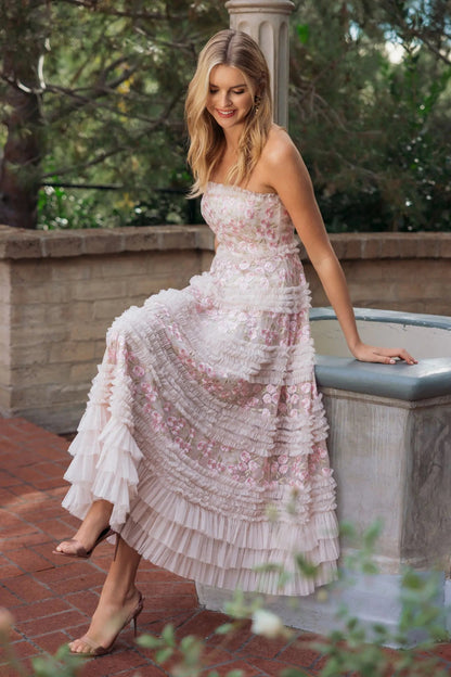 Mac Duggal Pink Floral Embroidered Strapless Ruffle Maxi Dress