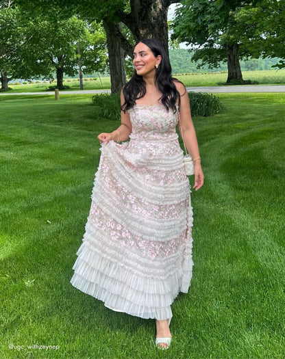 Mac Duggal Pink Floral Embroidered Strapless Ruffle Maxi Dress