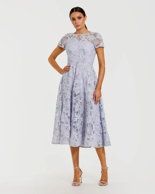 Mac Duggal Purple Lace Short Sleeve Midi Dress