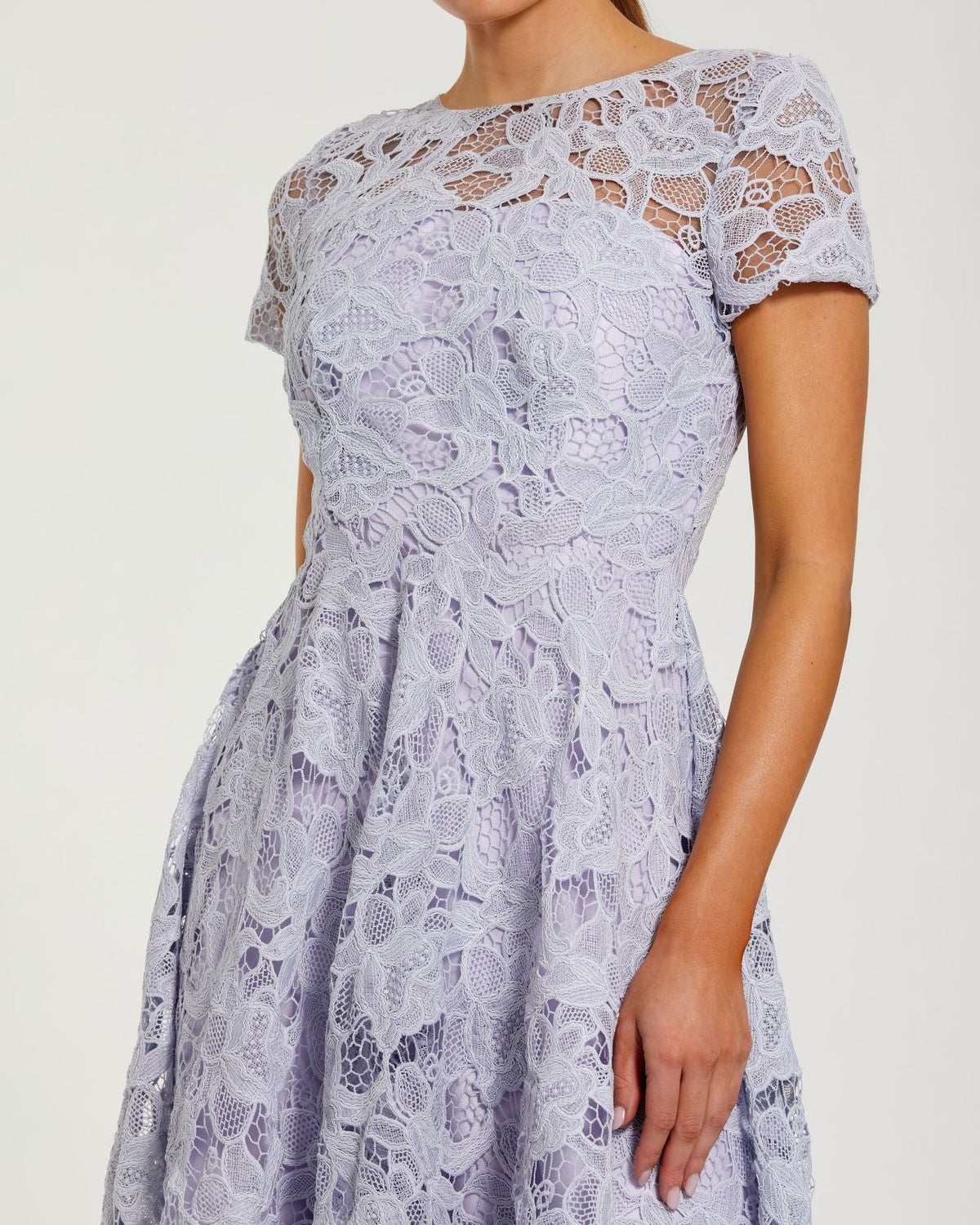 Mac Duggal Purple Lace Short Sleeve Midi Dress