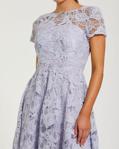 Mac Duggal Purple Lace Short Sleeve Midi Dress