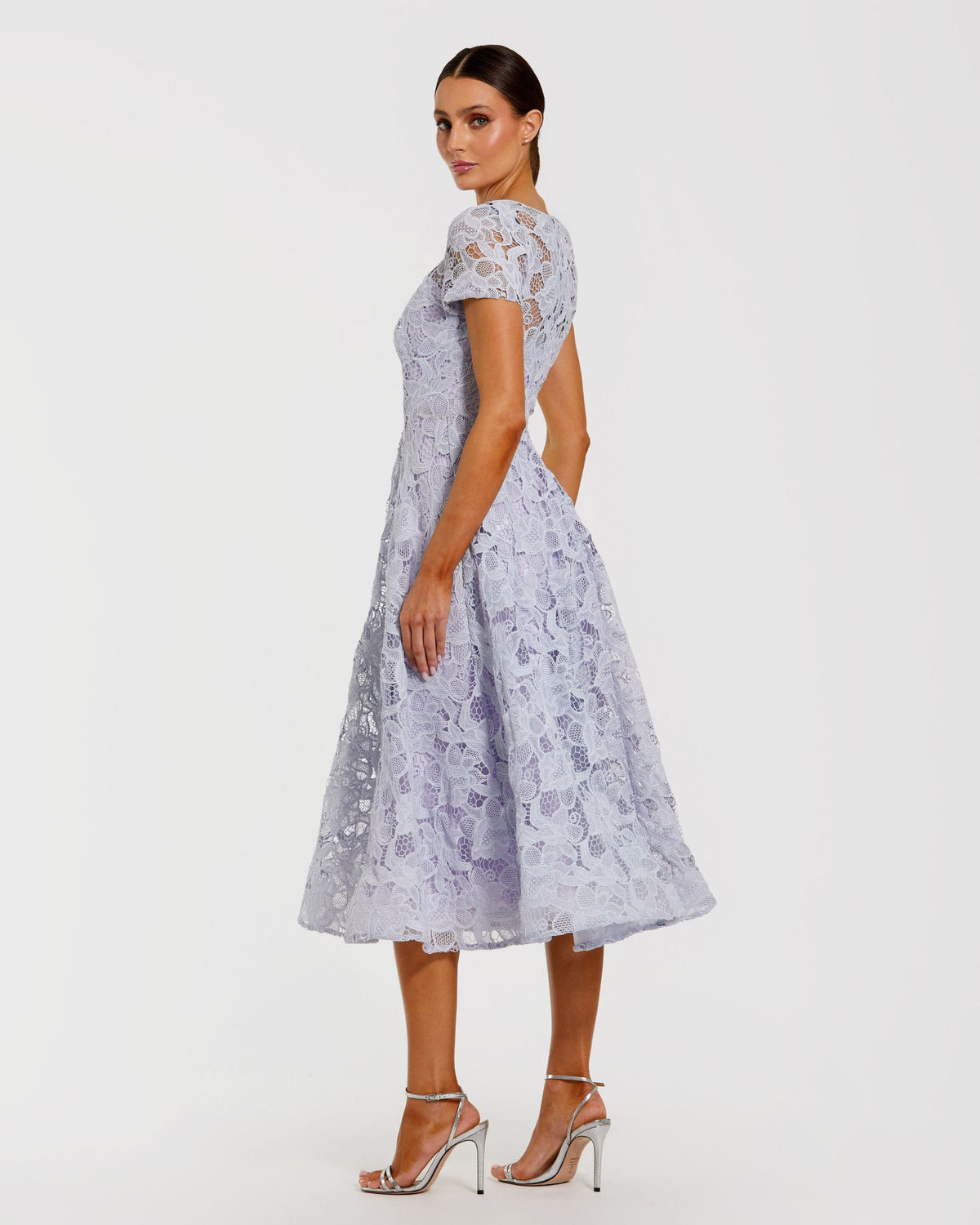 Mac Duggal Purple Lace Short Sleeve Midi Dress