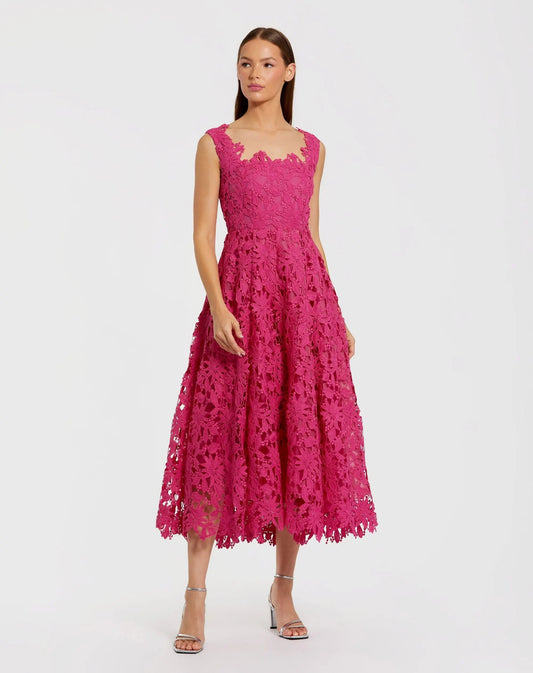 Mac Duggal Pink Sleeveless Embroidered Lace A Line Midi Dress